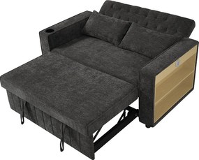 Sofa rozkładana z uchwytami na kubki i półkami, portami USB - ciemnoszara tkanina szenilowa