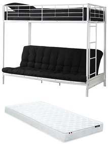 Łóżko na antresoli 90 x 190 cm - Z rozkładaną kanapą - Metal - Kolor biały + futon + materac - MODULO V