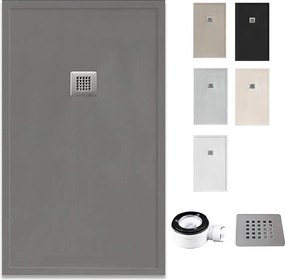 Brodzik żywiczny z rantem, ultracienki i antypoślizgowy z zaworem i kratką | Tekstura kamienia | Szary cementowy | 80 X 170 cm