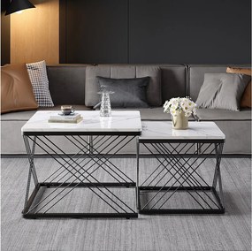 Zestaw 2 kwadratowych stolików kawowych z blatem MDF w efekcie marmuru, czarna rama - białe