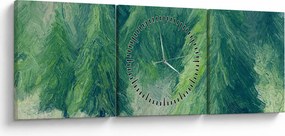 Obraz - Malowane drzewa iglaste (z zegarem) (90x30 cm)