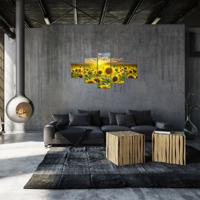 Obraz - Słoneczniki o zachodzie słońca (125x70 cm)