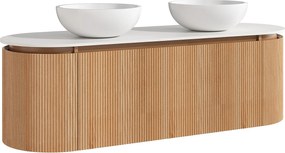 Wisząca ryflowana szafka łazienkowa z dwiema okrągłymi nablatowymi umywalkami z solid surface – jasny naturalny – szer. 150 cm – LILIKO