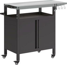 Outsunny Wózek Grillowy 3-Poziomy z Powierzchnią Roboczą Szafką Haczykami i Kołami 116x50x93cm Czarny