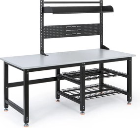 Stół pakowy PROFI z regulacją wysokości, 1800 × 900 × 790–940 mm z nadstawką i półkami