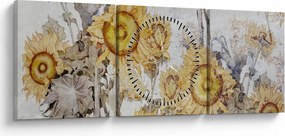 Obraz - Słoneczniki na ścianie (z zegarem) (90x30 cm)