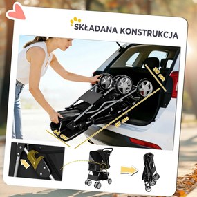 PawHut Wózek dla psa, składany wózek z odblaskami, koszem na zakupy i poduszką dla małych psów do 10 kg, 77x44x102 cm, czarny | Aosom PL