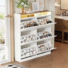 Szafka na buty z 6 wysuwanymi przegródkami + diody LED + 2 otwarte półki - 120 x 24 x 130 cm - MDF - biała + naturalna