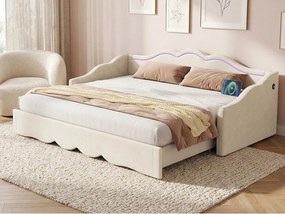 Tapicerowana sofa z łóżkiem 90x200 cm - Z wysuwanym łóżkiem - Oświetlenie LED i porty USB - Pokrycie z weluru - Beżowy (Materac nie jest wliczony w cenę)