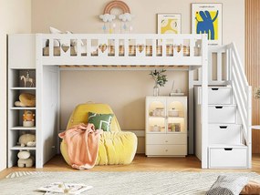 Łóżko mezzanine 90x200 cm z drewna - z wieloma schowkami i drabiną - Białe