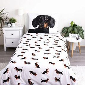 Czarno-biała bawełniana pościel dziecięca jednoosobowa 140x200 cm Dachshund – Jerry Fabrics