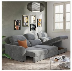 Uniwersalna narożna rozkładana sofa trzyosobowa z pojemnikiem TRENTO, szara