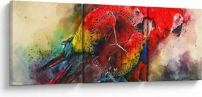 Obraz czerwonych papug Ara (z zegarem) (90x30 cm)