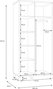 Dwudrzwiowa szafa ubraniowa z drążkiem i półkami Hayato 821