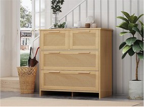 Barek rattanowy - 4 szuflady z uchwytami z litego drewna - Naturalny