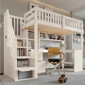 Łóżko piętrowe 90 x 200 cm z 2 szufladami, półkami, biurkiem narożnym i szufladami – lite drewno, sklejka i płyta MDF – białe (materac nie jest wliczony w cenę)