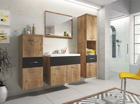 Nowoczesne meble łazienkowe, wiszący zestaw z umywalką, lustrem i słupkami, kasztan / czarny grafit mat