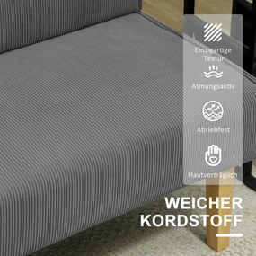 HOMCOM Dwuosobowa Sofa z Obiciem Kordowym, Gruba Tapicerka i Solidne Drewniane Nogi do Salonu, Sypialni, Biura, Szary