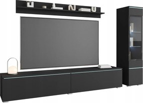 Nowoczesny zestaw mebli do salonu 3 elementy – szafka RTV 180 cm, witryna i półka, czarny grafit mat, stojąca lub wisząca