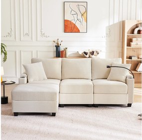 Sofa 3-osobowa z podnóżkiem - 213,5 x 139 x 87 cm - z 2 poduszkami - aksamit - beż