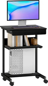 HOMCOM Biurko PC z szufladą i 2 półkami na 4 kółkach, z drewna i metalu, 56x51x79 cm, czarne | Aosom PL