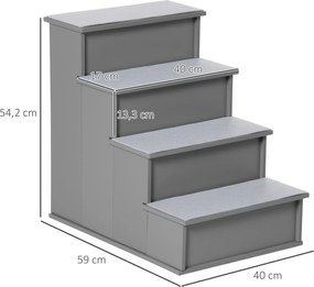 PawHut Schody dla Zwierząt, dla Psów/Kotów, 4-stopniowe, Krótki Plusz, do 30 kg, 40 x 59 x 54,2 cm, Szare