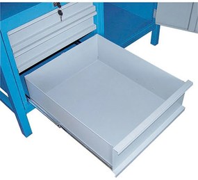 Stół warsztatowy GD, świerk + bukowa sklejka, 3 szuflady, 1 szafka, 1190 x 600 x 850 mm, niebieski