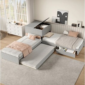 Łóżko narożne 2 x 90 x 200 cm + łóżko wysuwane 90 x 190 cm - 2 szuflady i szafka do przechowywania - Tkanina lniana - Szary (bez materaca)
