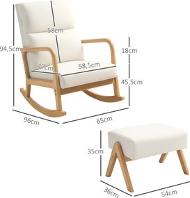 HOMCOM Fotel bujany z podnóżkiem, miękka tapicerka, wygląd lnu, drewniana rama, Kremowy
