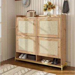 Szafka na buty z 4 drzwiami rattanowymi - 108,5 x 24 x 100 cm - rama metalowa - MDF - naturalna