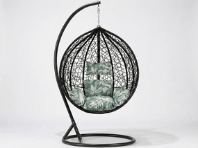 Czarne wiszące krzesło KOKON ze stojakiem, zielono-biała poduszka