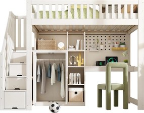 Łóżko piętrowe dla dzieci - 90 x 200 cm - z biurkiem + szafą + półkami + drabinką + portem USB - drewno - białe