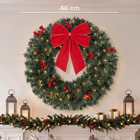 HOMCOM Wieniec świąteczny 61 cm na drzwi ze wzorem Crestwood-świerk, kokarda, 50 LED, 140 końcówek gałązek, 8 trybów świetlnych | Aosom PL