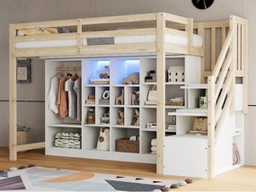 Łóżko na antresoli 90x200 cm - z przegródkami do przechowywania - z szafą - z oświetleniem LED - z drabiną bezpieczeństwa - naturalny