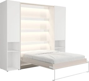 Łóżko chowane w szafie pionowe 160 x 200 cm - 2 kolumny do przechowywania - Z oświetleniem LED - Beżowe - RAPILI