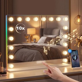 HOMCOM Hollywoodzkie lustro do makijażu z 18 regulowanymi żarówkami LED, 3 kolory, światło RGB, głośnik Bluetooth, 10-krotne powiększenie Białe | Aosom PL