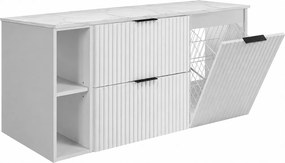 Zestaw szafek łazienkowych z koszem na pranie, Biały / Blat Marmur Bianco / Uchwyty Czarne, 120 x 57 x 46 cm