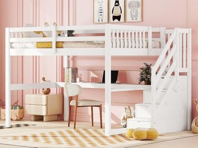 Łóżko mezzanine z drewna sosnowego - 140x200cm - z schodami do przechowywania i biurkiem - z stelażem na listwy - Białe