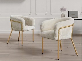 Zestaw 2 leżaków do jadalni, salonu lub sypialni - z materiału przypominającego króliczy puch - z 4 złotymi metalowymi nogami - beżowy