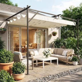Outsunny Zadaszenie tarasowe Pergola ok. 4x3m z regulowanym dachem, montaż ścienny UV30+, kremowobiały | Aosom PL