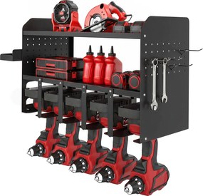 Outsunny Organizer narzędzi ogrodowych 2-poziomowy stojak na narzędzia z hakami boczna półka do 50 kg 61,8 x 23 x 32,7cm Czarny | Aosom PL