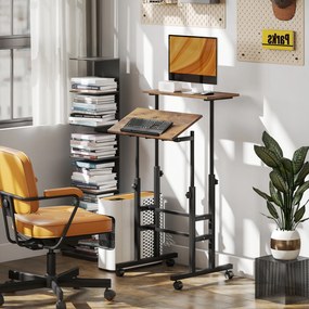 HOMCOM Biurko regulowane wysokości z półką, kółkami, biurko komputerowe Rustykalny-Brąz 60 x 60 x 70,5-120 cm