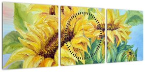 Obraz kwitnących słoneczników (z zegarem) (90x30 cm)