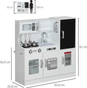 AIYAPLAY Kuchnia dla dzieci, zestaw do zabawy z telefonem, tablicą kredową, mikrofalówką, kuchenką, zlewem, akcesoriami, maszyną do lodu, 3-8 lat, Biała