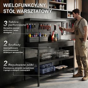 HOMCOM Stacja robocza z regulowanymi półkami, solidna stacja robocza z perforowaną płytą i 2 szufladami, 122 x 61 x 156 cm, Czarna | Aosom PL