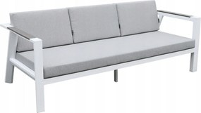 Zestaw mebli ogrodowych biały aluminium sofa fotele stolik drewniane detale