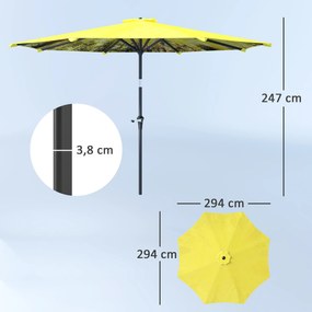 Outsunny Żółty parasol Ø300 cm z korba, ośmiokątny, balkonowy