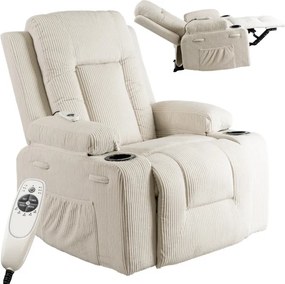 Fotel Masujący BOX Rozkładany Wypoczynkowy z Podnóżkiem Beżowy Sztruksowy Nowoczesny