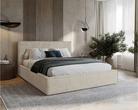 BESILIO Tapicerowane łóżko do sypialni 200x200 Zanzi - stelaż metalowy, pojemnik, ozdobna lamówka, tkanina szenil- Beżowy
