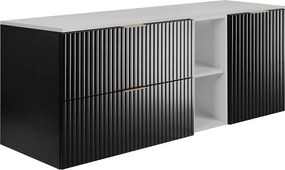 Zestaw łazienkowy: szafka z szufladami, szafka z drzwiami i regał 57×46×140 cm, kolor: biały / czarny, uchwyt złoty